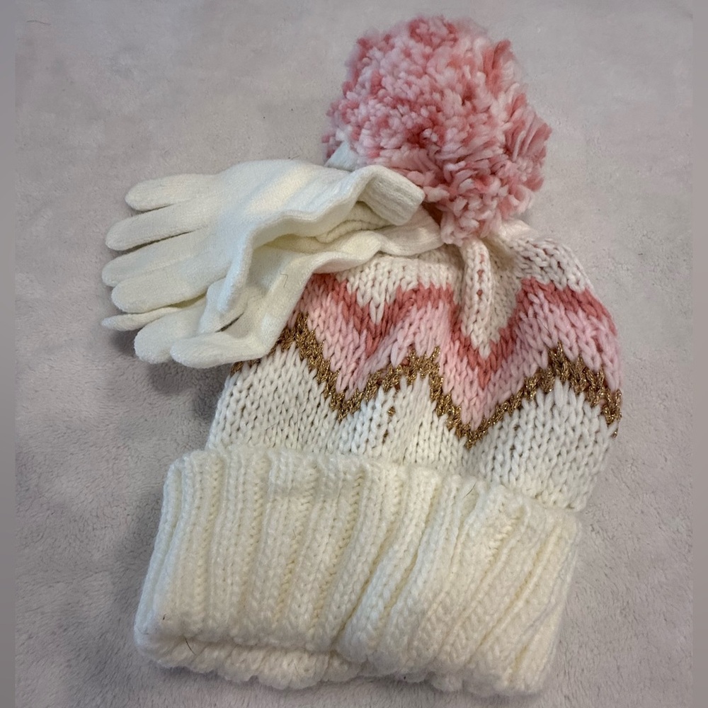 Sparkle girls pom pom beanie hat & glove set cream with pink gold zig zags